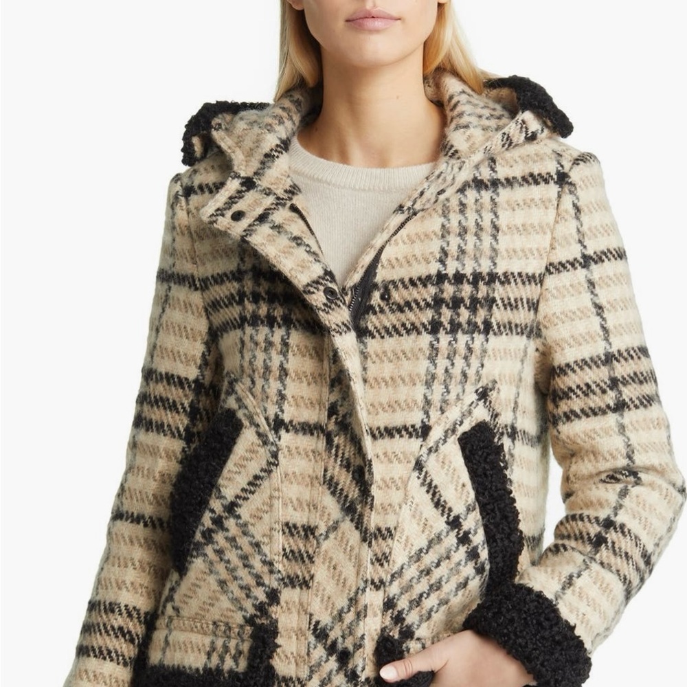 Sam Edelman Plaid Hooded Black and Cream Wool Blend Pea Coat.